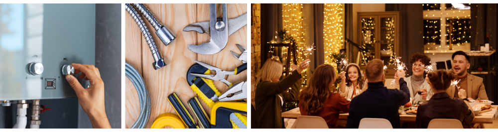 Close-up of a hand adjusting the temperature on a water heater.Aerial view of a set of essential plumbing tools on a wooden surface.A family gathered around the dinner table, celebrating the holidays.As the holiday season approaches, ensuring your home's HVAC and water heating systems are properly maintained is one of the best ways to prepare for a comfortable and worry-free season.