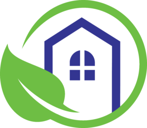Graphic of leaf with green circle wrapping a blue outline of a house.