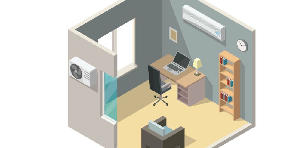 Cartoon graphic of a home office with chair, desk and laptop.