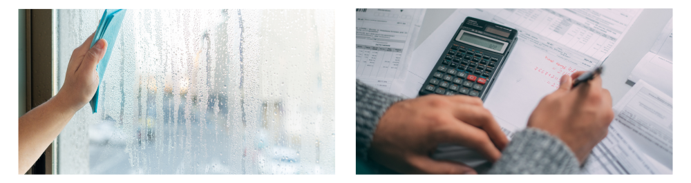 1. Man wipes condensation from the window with a sponge, highlighting the issue of high humidity at home. Explanation of how air conditioners help dehumidify and increase comfort, and the need for repair if humidity levels remain high. 2. Close-up of hands with a calculator and utility bills on the table, illustrating the concept of monthly utility costs. Explanation of how rising utility bills can indicate an AC unit struggling to cool effectively, leading to higher energy usage and costs.