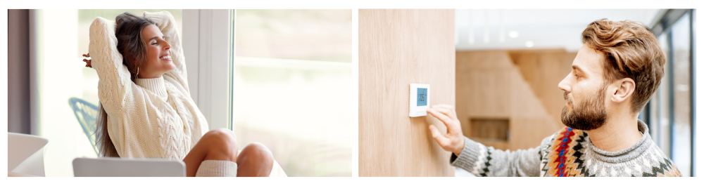 A woman wearing a warm sweater and long socks relaxes at home on a cold day, feeling cozy and comfortable—highlighting the importance of clean air filters and air quality during the winter months. A man, feeling cold after being in the water, adjusts the room temperature using an electronic thermostat at home.