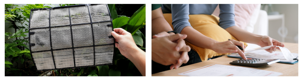 Person holding a dirty, clogged air conditioner filter surrounded by greenery and plants. Couple sitting at home at a desk with a calculator and printed bills, highlighting the stress of rising energy costs despite normal usage.