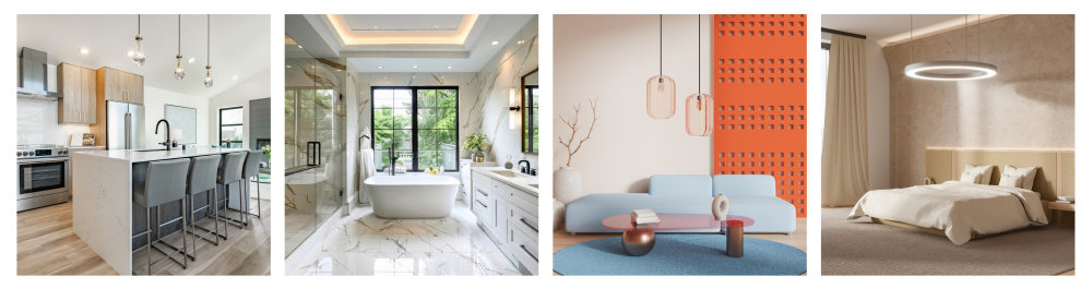 Panel of four images showcasing modern home interiors: bedroom, bathroom, kitchen, and living room, highlighting zoning capabilities for dividing living spaces with a modern air conditioner.