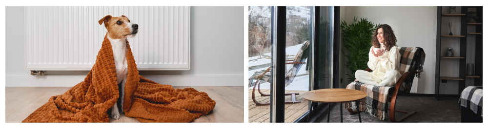 Dog wrapped in a blanket sitting near a heating radiator in a living room during the winter season. A curly-haired young woman resting in a contemporary barn house in the mountains, sitting happily on a chair with a cup of tea, enjoying a winter landscape view through panoramic windows.