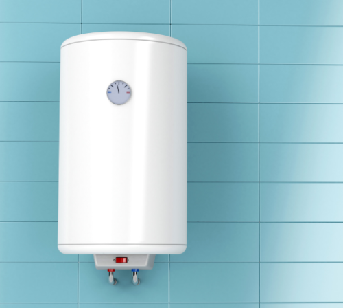 Electric water heater installed on a blue tiled bathroom wall.