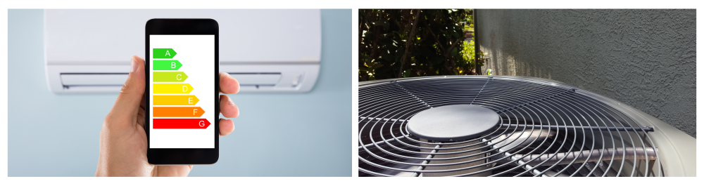 Close-up of a man's hand using an energy label on a mobile phone, with a grey outdoor AC condenser unit next to a bush and stucco wall.