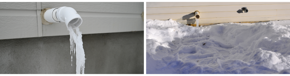 Icicle hanging from exhaust vent, with snow cleared from the furnace vent to prevent blockages during cold winter months.