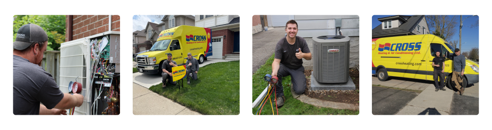 A four panel image showing casing smiling AC technicians in front of equipment and Cross branded vans.