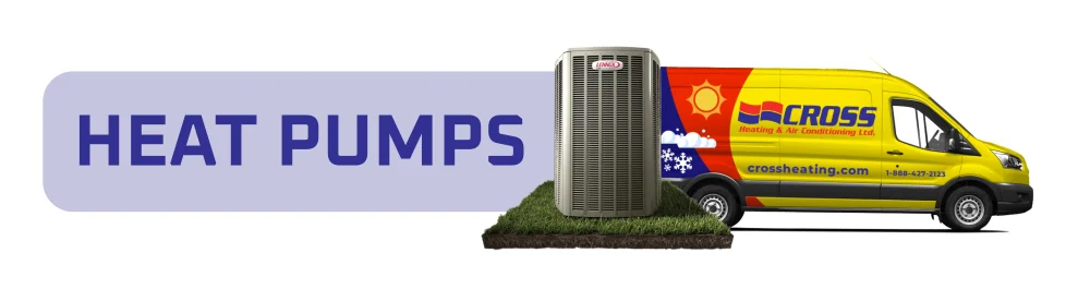 A Graphic that has a heat pump in the middle with the Cross Heating van on the right side.